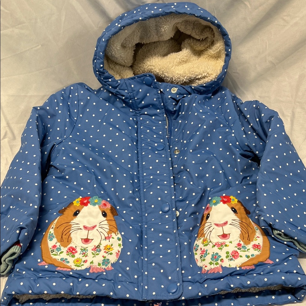Mini Boden Polka Dot Jacket Blue Hooded Sherpa Lined Size 4-5Y
